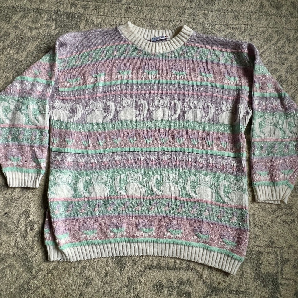 Pastel Cat Pattern Crewneck Sweater - White, Lavender, Mint